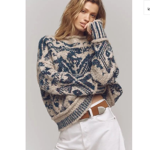 Pilcro Sweaters - Pilcro Cream and Teal Patterned Crewneck Sweater